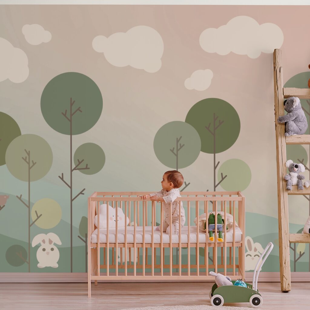 Grupo de coelhinhos e árvores