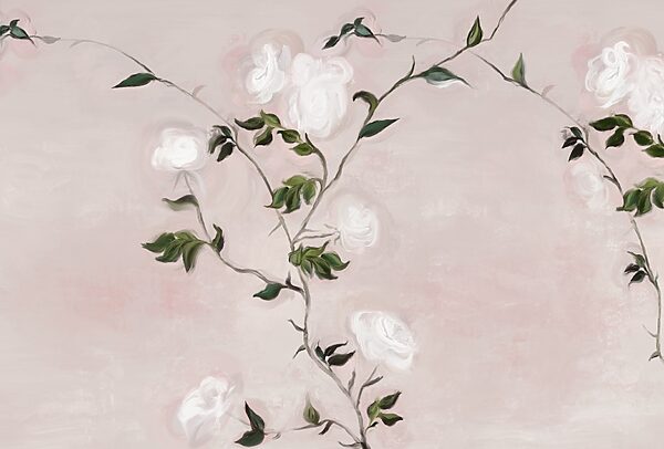 Pintura de um ramo com flores brancas e folhas verdes Pintura de um ramo com flores brancas e folhas verdes