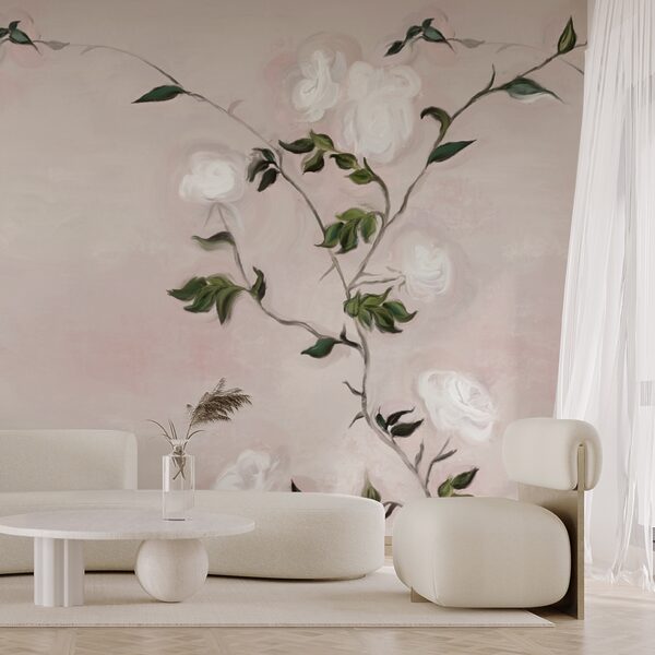 Pintura de um ramo com flores brancas e folhas verdes Pintura de um ramo com flores brancas e folhas verdes