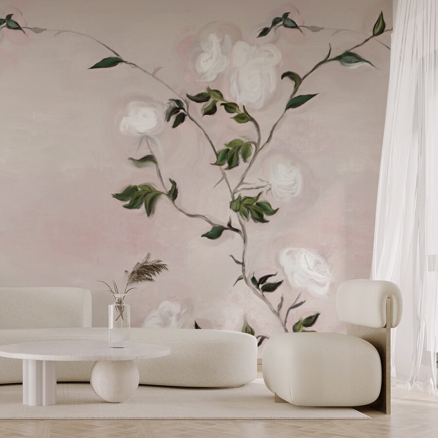Pintura de um ramo com flores brancas e folhas verdes