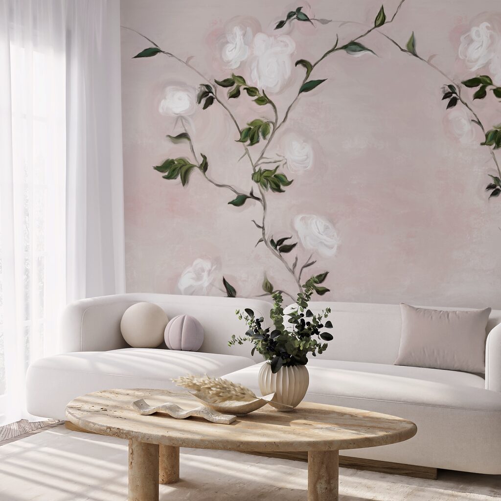 Pintura de um ramo com flores brancas e folhas verdes