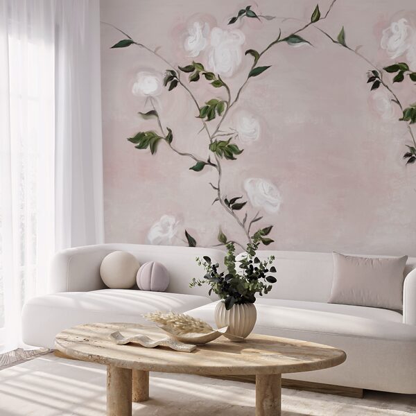 Pintura de um ramo com flores brancas e folhas verdes Pintura de um ramo com flores brancas e folhas verdes