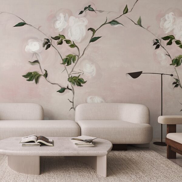 Pintura de um ramo com flores brancas e folhas verdes Pintura de um ramo com flores brancas e folhas verdes