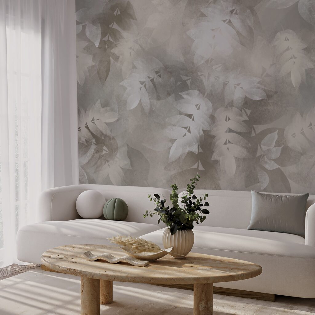 Fundo cinzento e branco com folhas