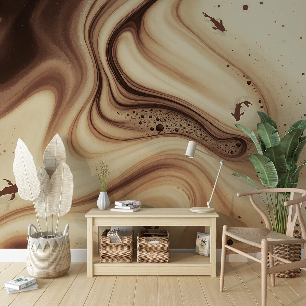 Ondas onduladas castanhas e brancas com silhuetas de peixes