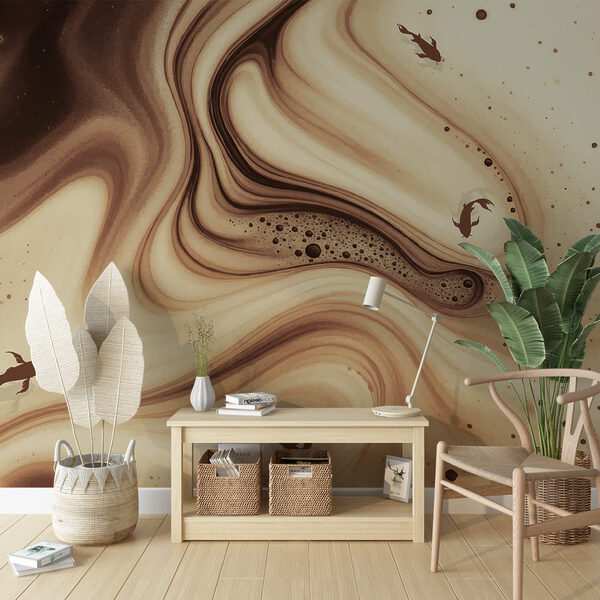 Ondas onduladas castanhas e brancas com silhuetas de peixes