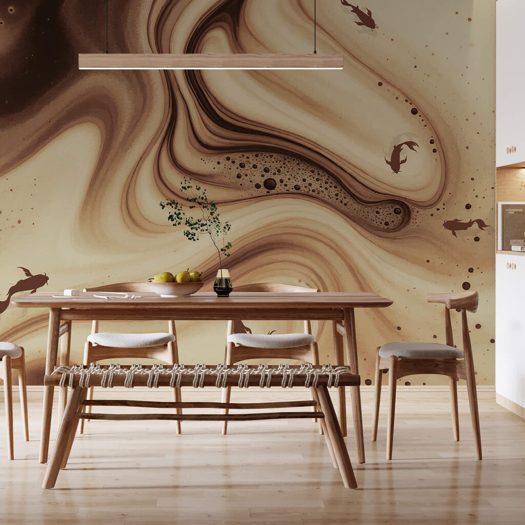 Ondas onduladas castanhas e brancas com silhuetas de peixes