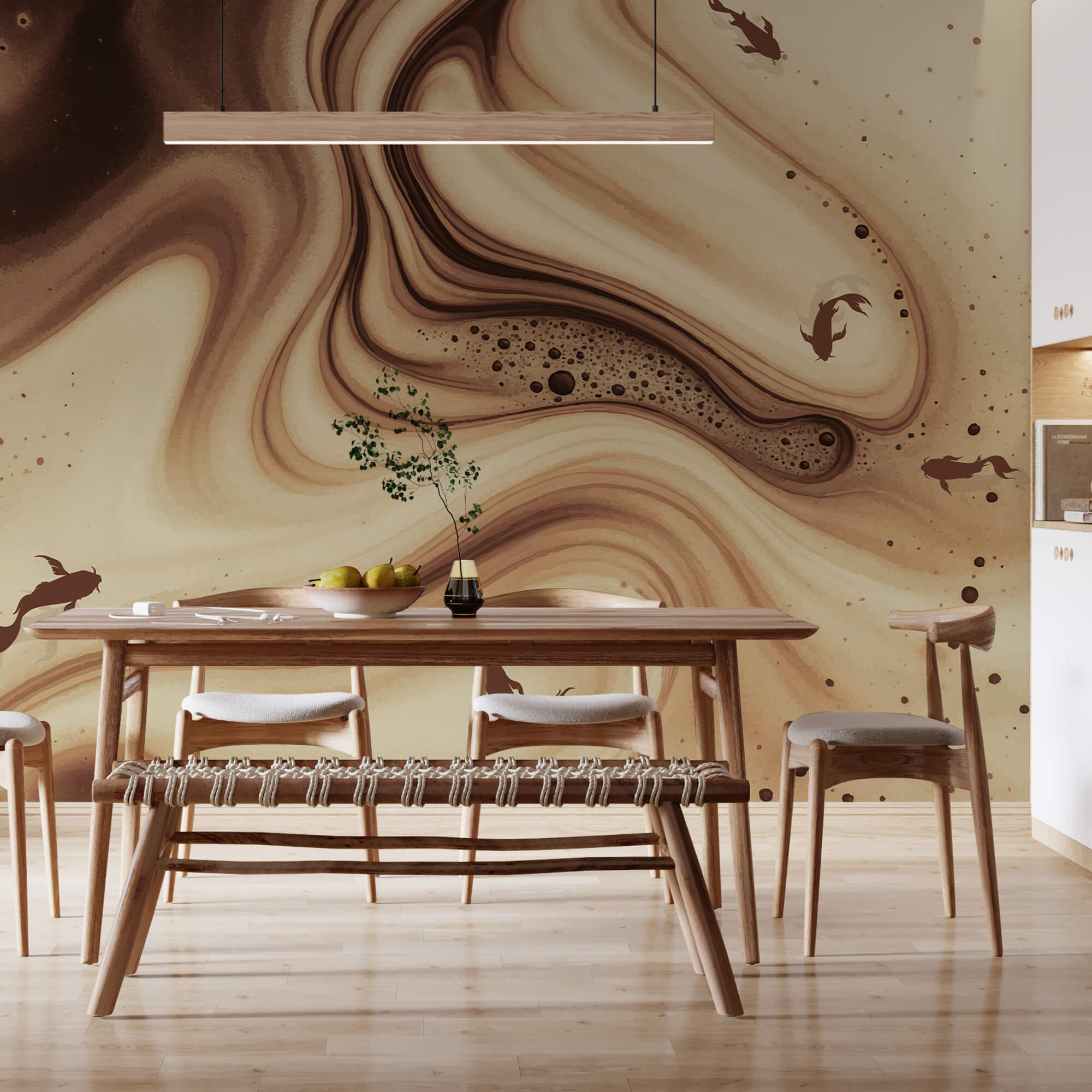 Ondas onduladas castanhas e brancas com silhuetas de peixes