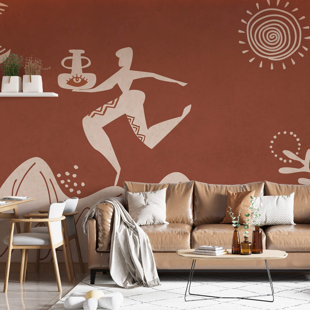 Desenho de um homem a segurar um pote e um pote numa montanha