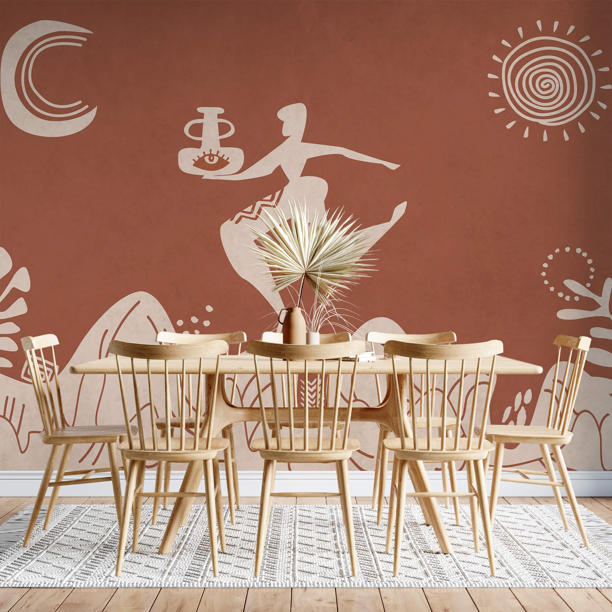 Desenho de um homem a segurar um pote e um pote numa montanha