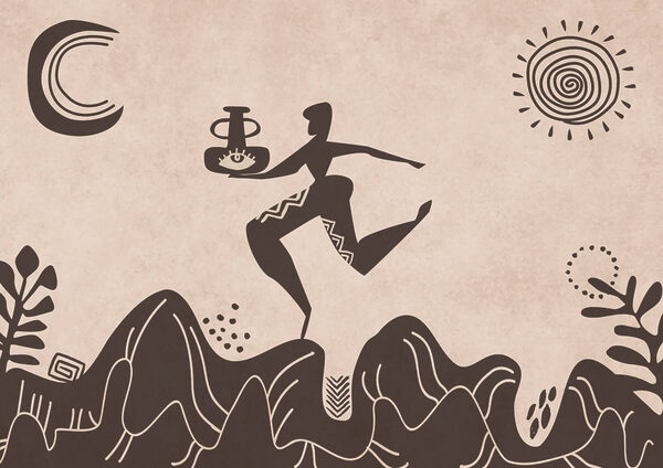 Desenho de um homem a segurar um pote e um pote numa montanha Desenho de um homem a segurar um pote e um pote numa montanha