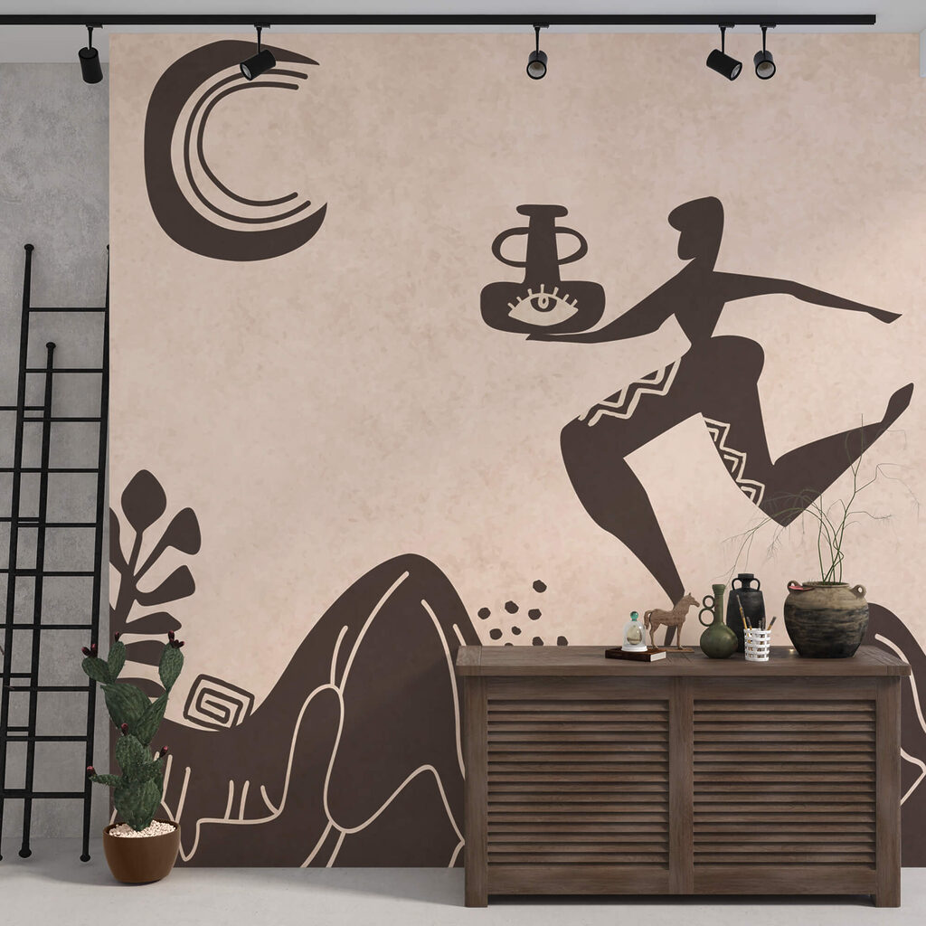 Desenho de um homem a segurar um pote e um pote numa montanha