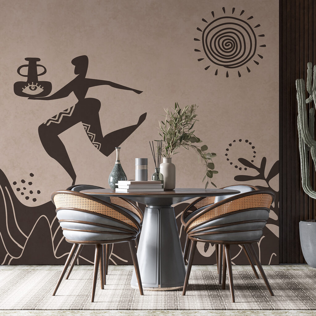 Desenho de um homem a segurar um pote e um pote numa montanha