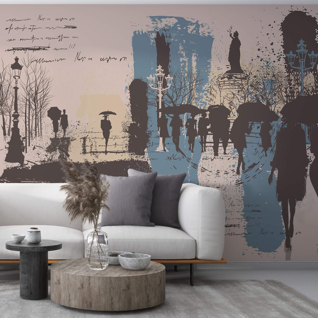 Grupo de pessoas a caminhar com guarda-chuvas