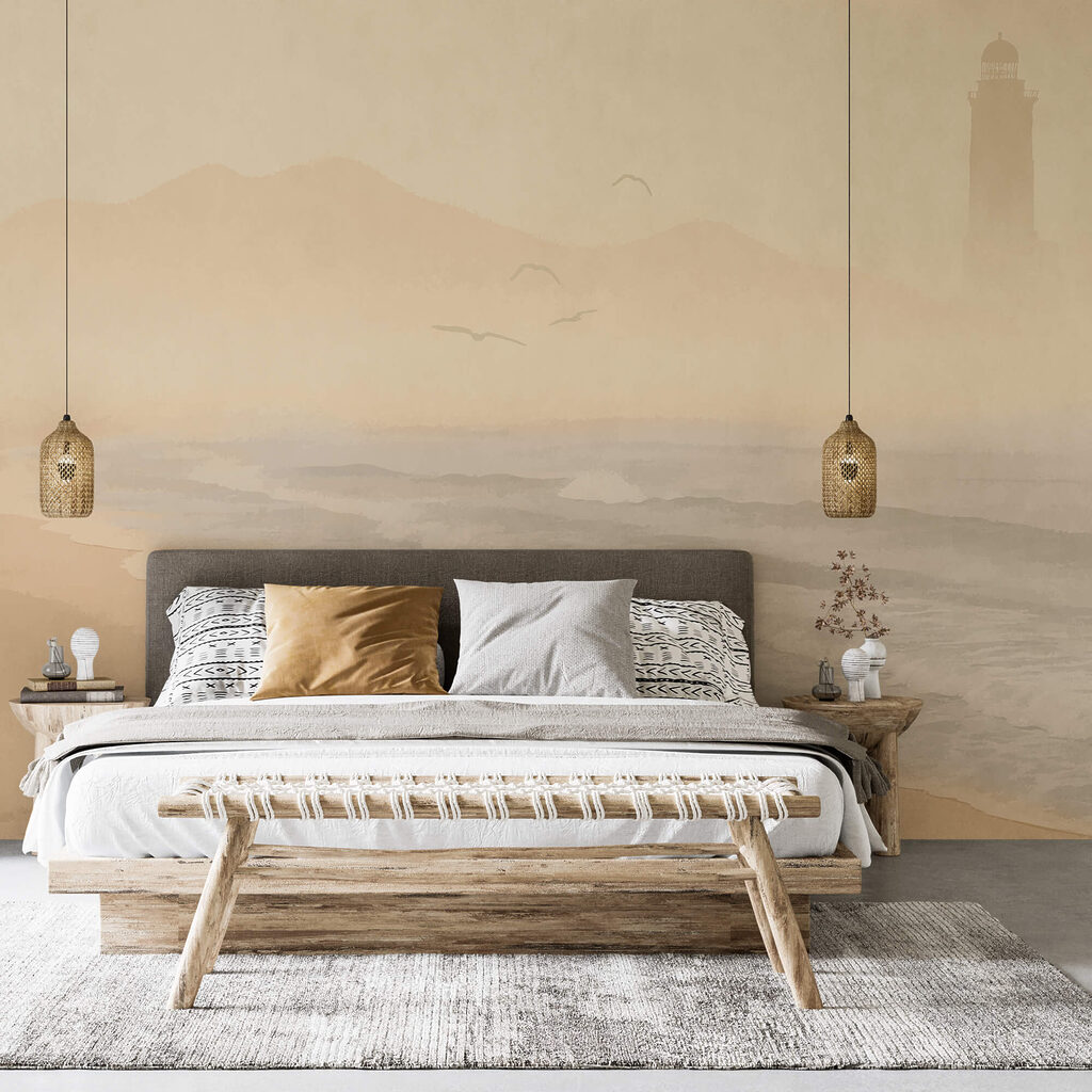 Praia com ondas e pássaros