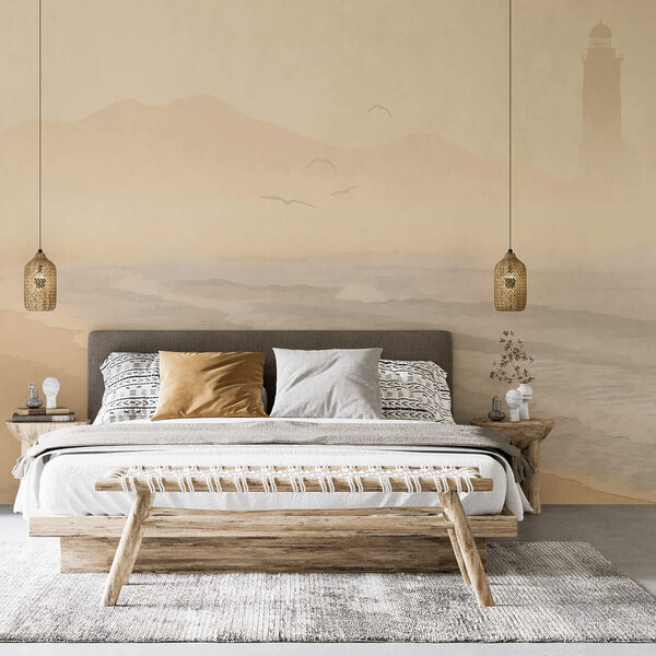 Praia com ondas e pássaros