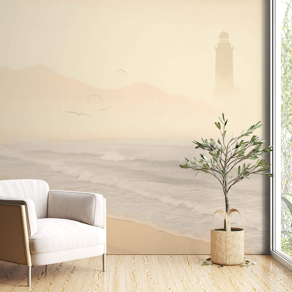 Praia com ondas e pássaros