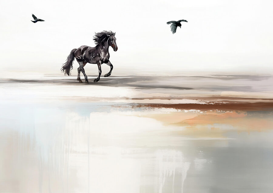 Pintura de um cavalo a correr numa praia com pássaros a voar