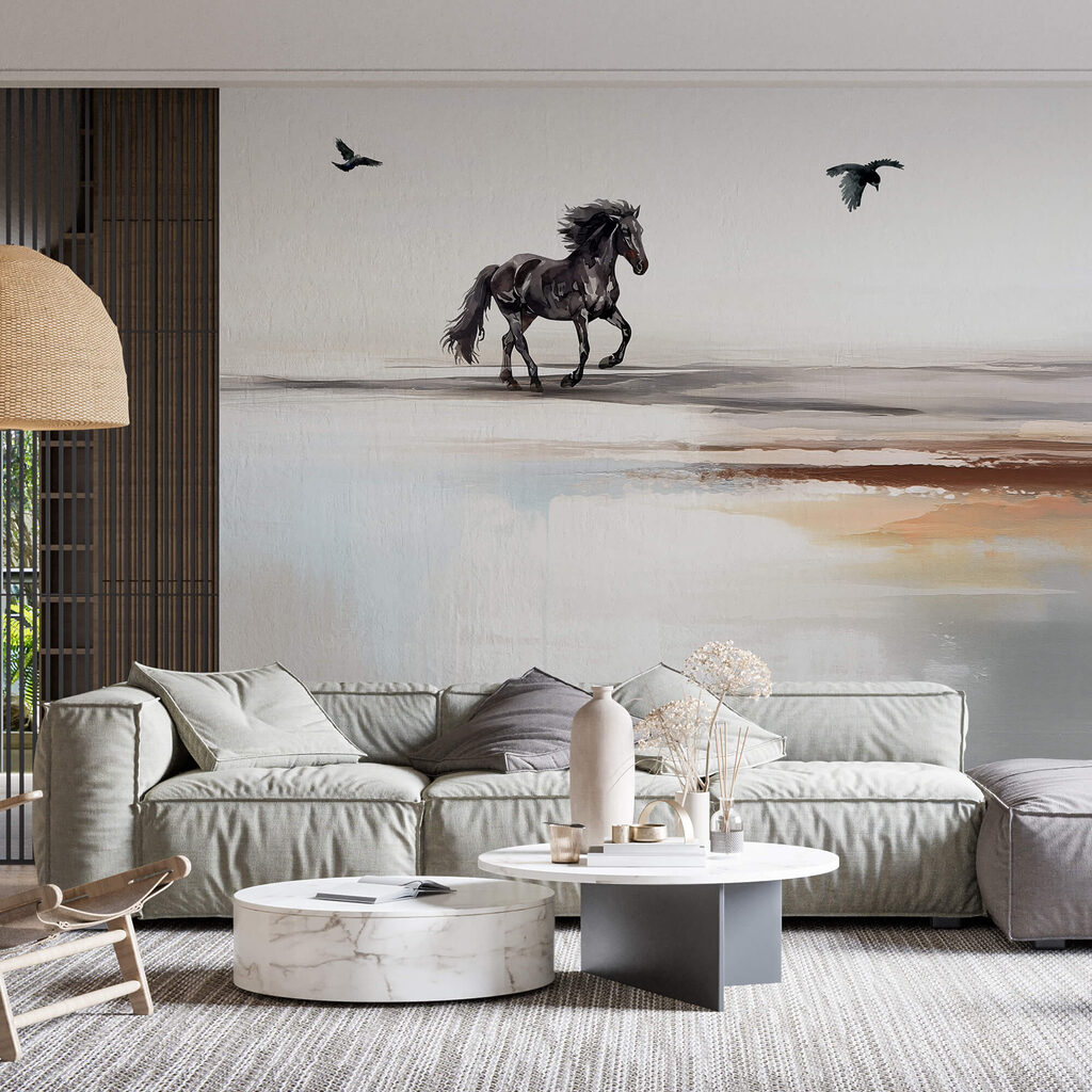 Pintura de um cavalo a correr numa praia com pássaros a voar