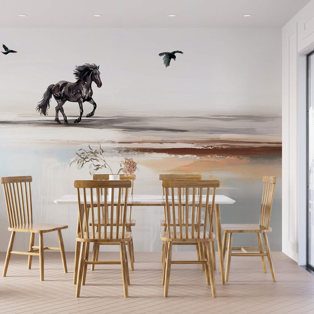 Pintura de um cavalo a correr numa praia com pássaros a voar
