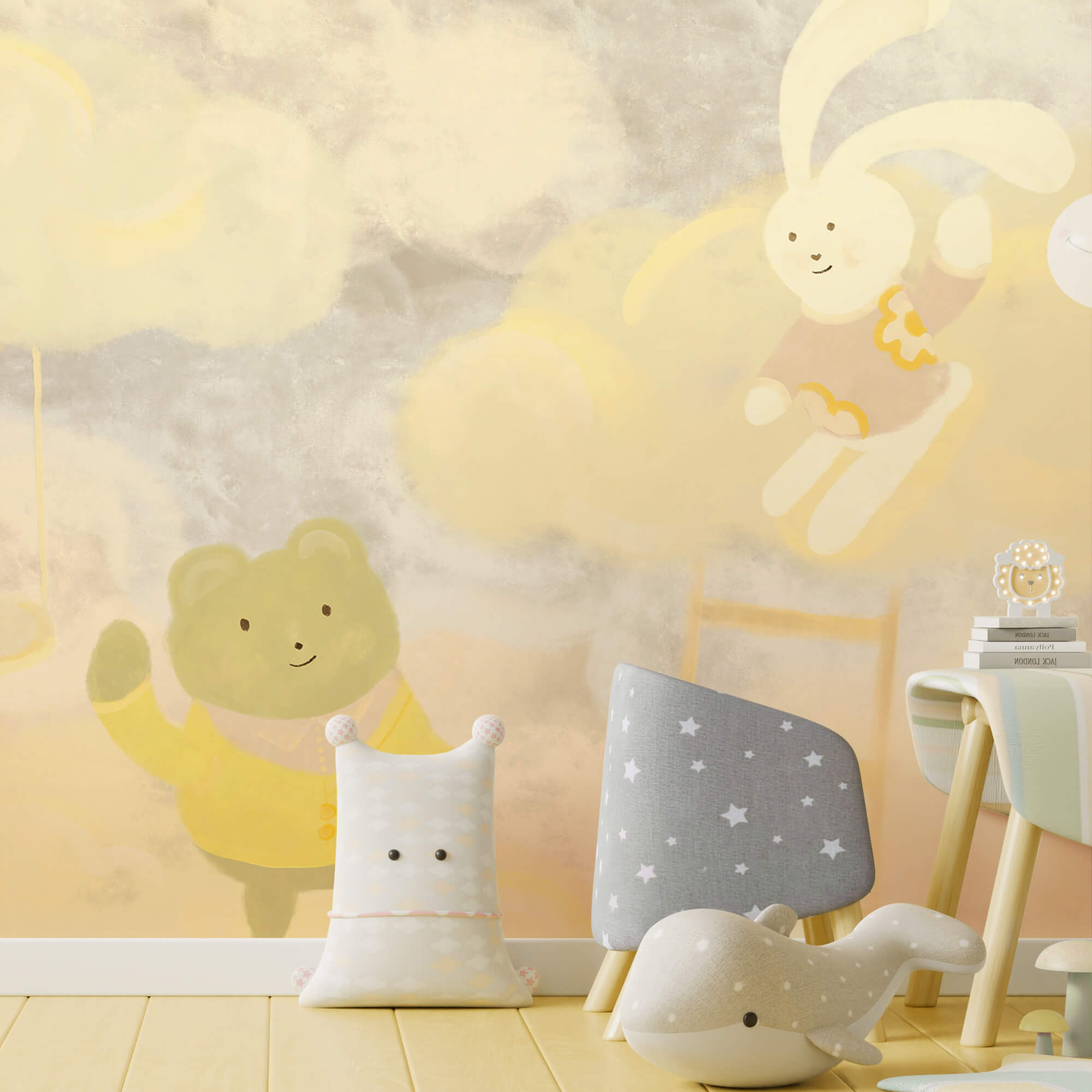 Urso e coelho em desenho animado nas nuvens