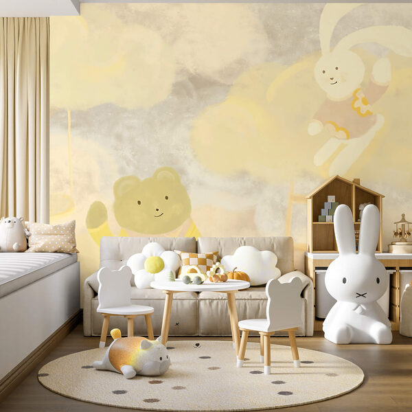 Urso e coelho em desenho animado nas nuvens Urso e coelho em desenho animado nas nuvens