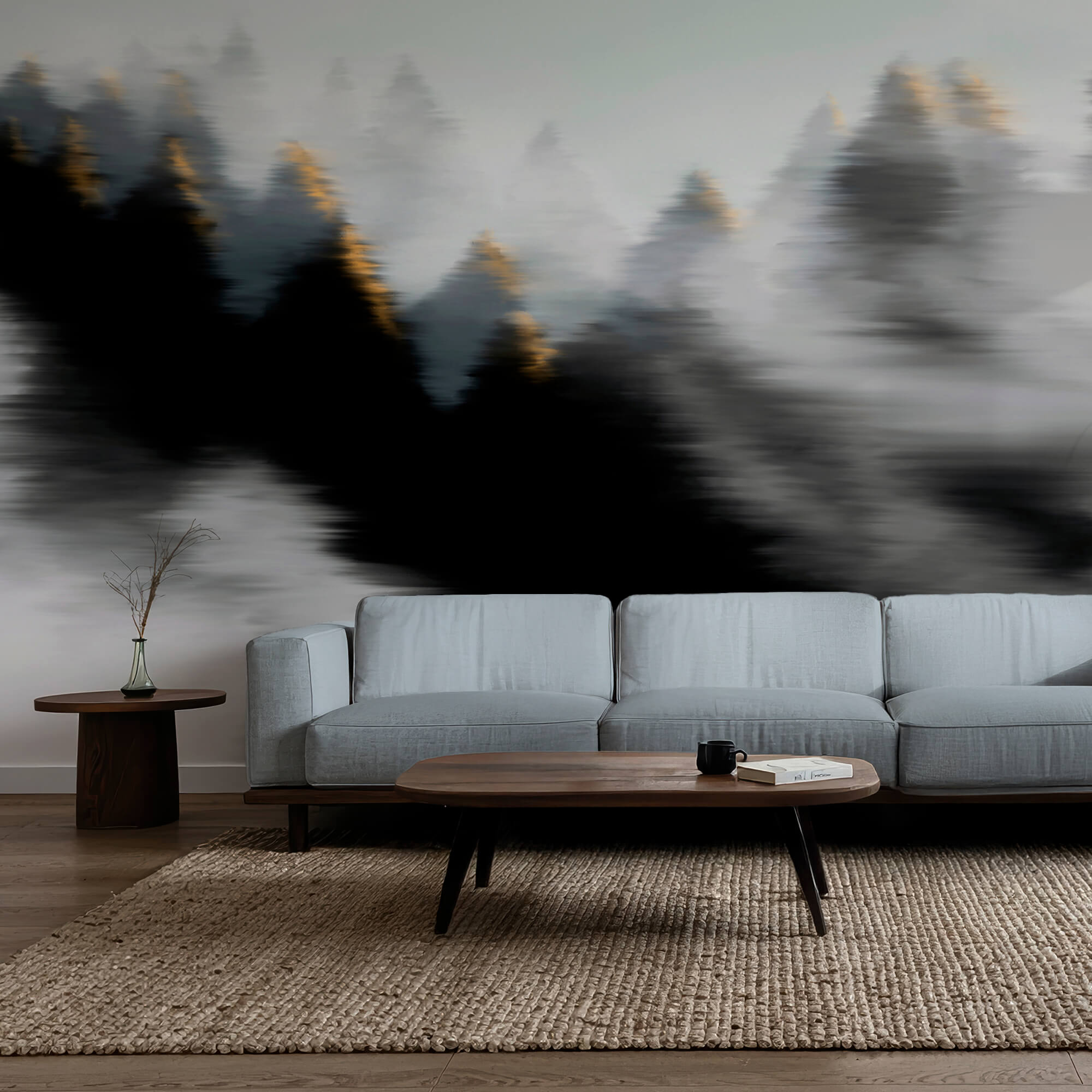 Floresta com nevoeiro e árvores