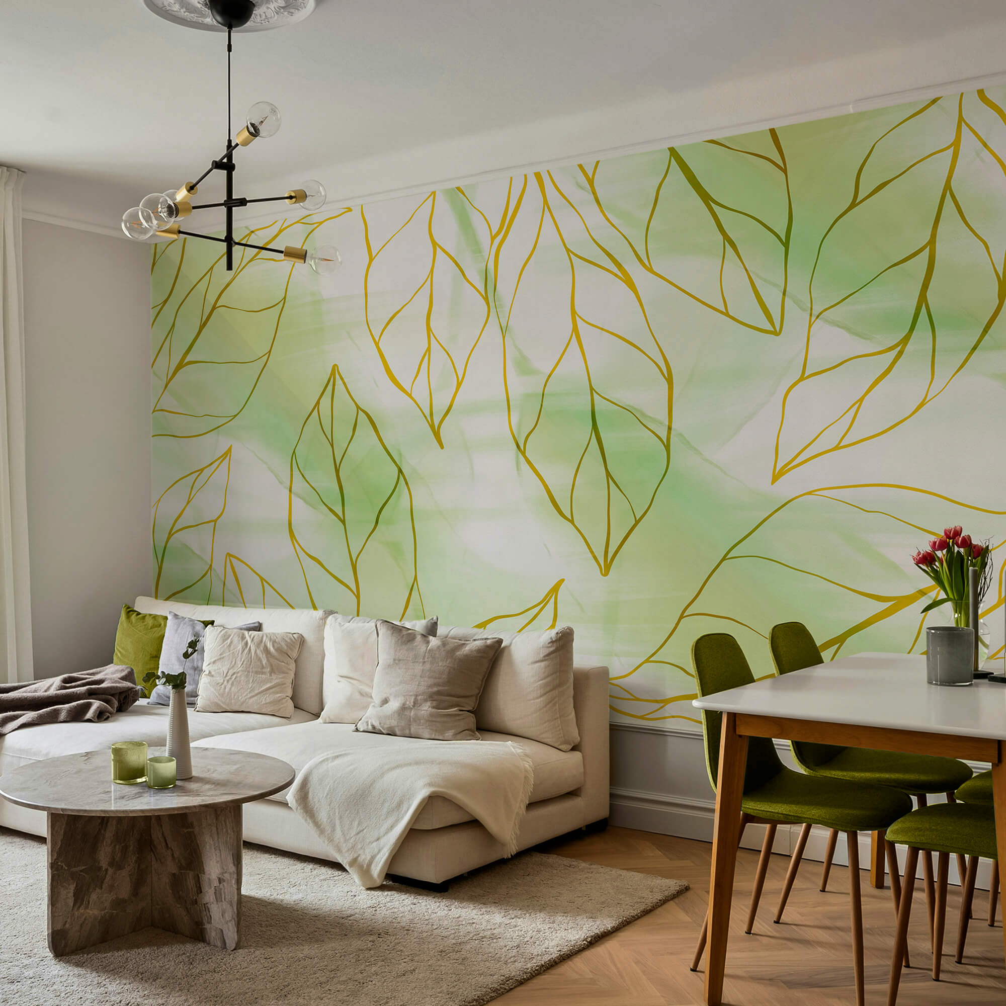 Padrão de folhas numa superfície branca