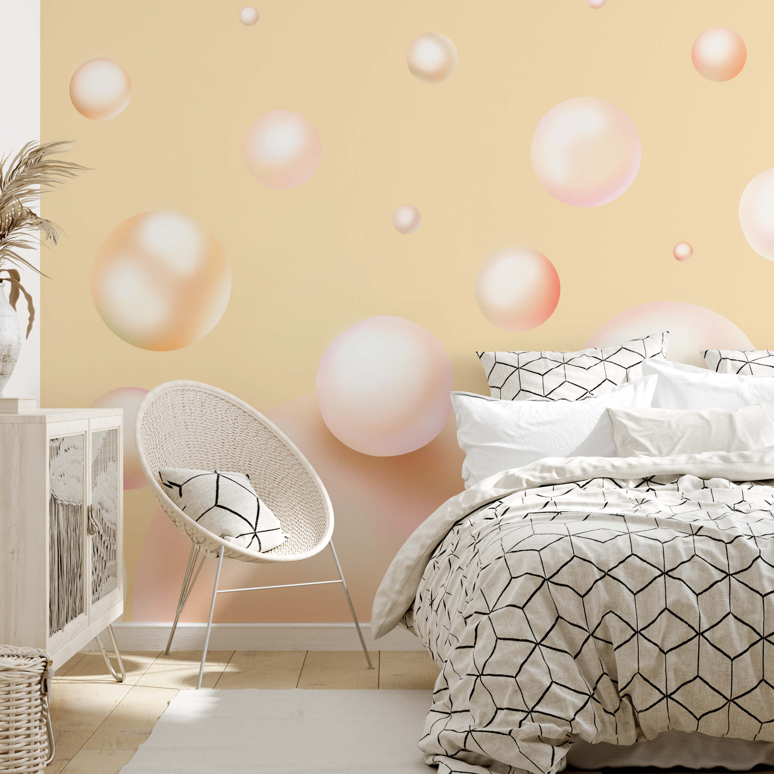 Os globos flutuantes criam um cenário de sonho