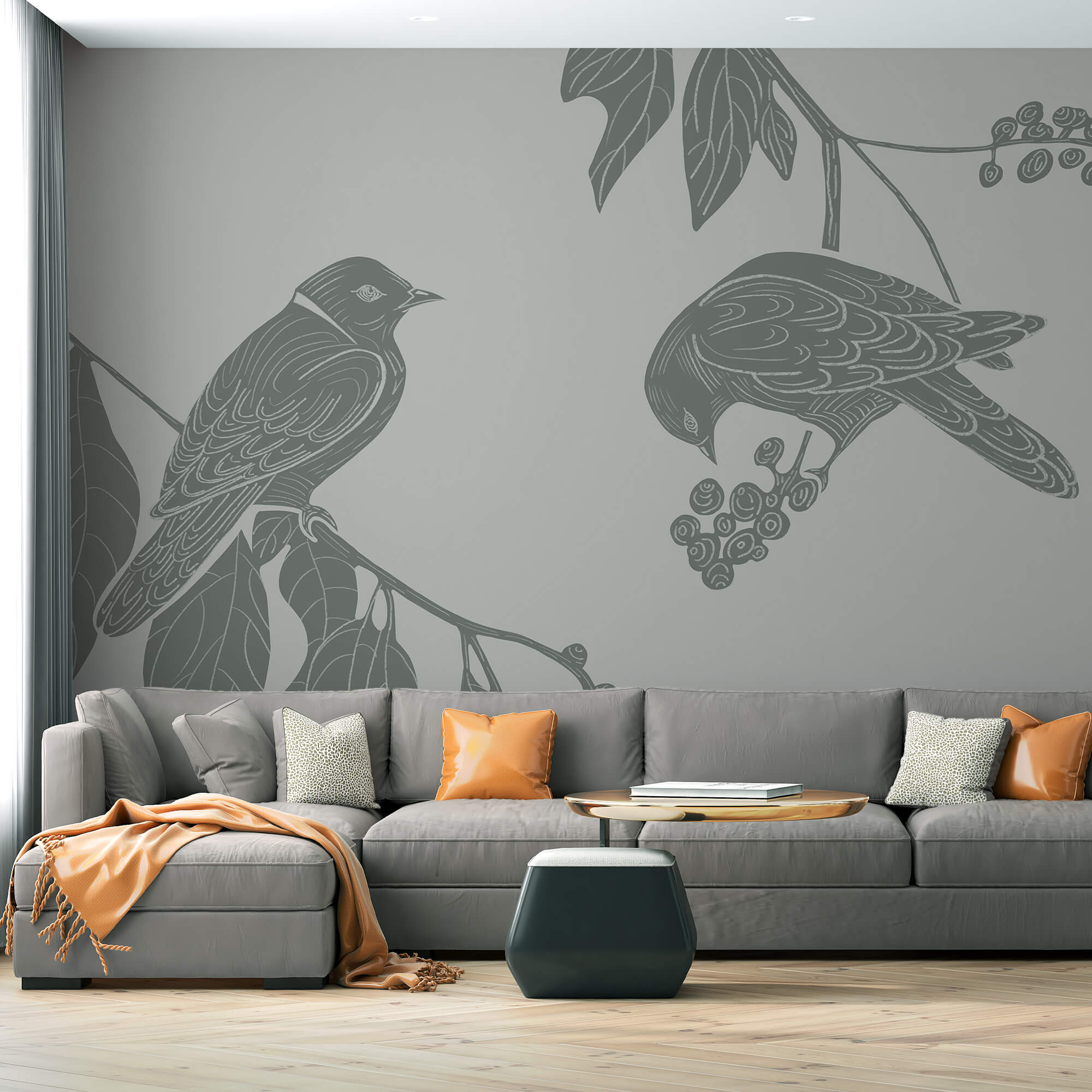 Pássaros num ramo com folhas