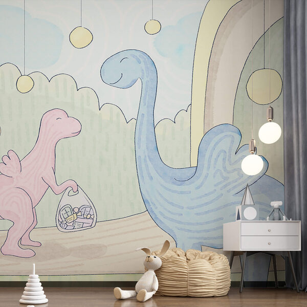 Desenho animado de dinossauros a transportar um saco Desenho animado de dinossauros a transportar um saco