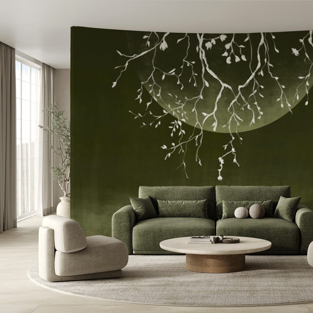 Ramos de árvores com folhas e uma lua Ramos de árvores com folhas e uma lua