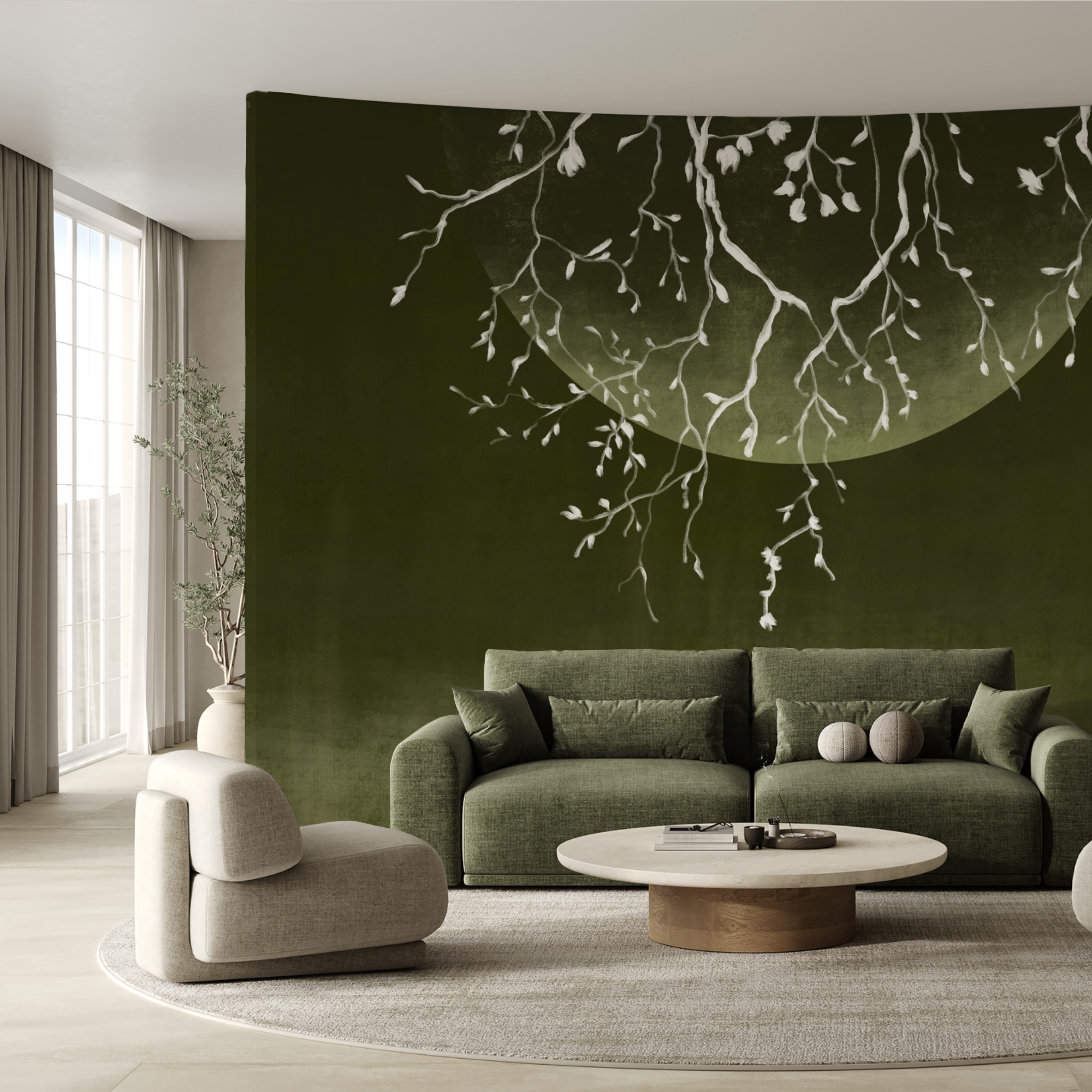 Ramos de árvores com folhas e uma lua Ramos de árvores com folhas e uma lua