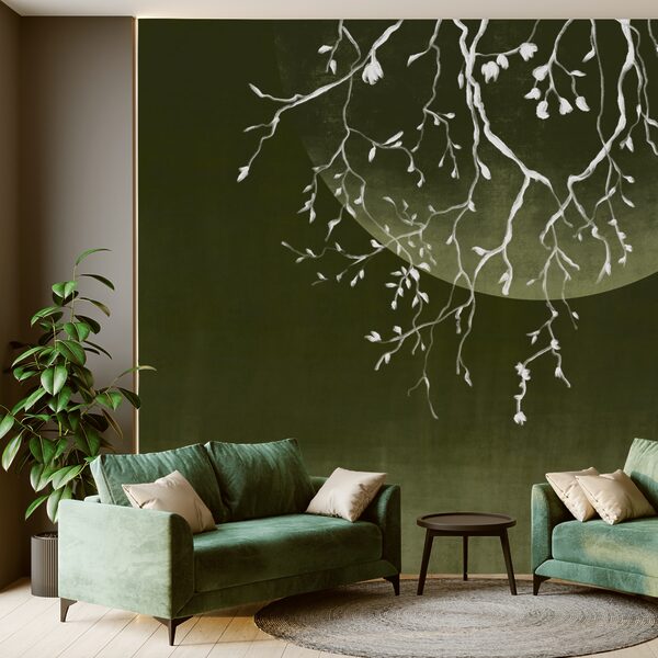 Ramos de árvores com folhas e uma lua Ramos de árvores com folhas e uma lua