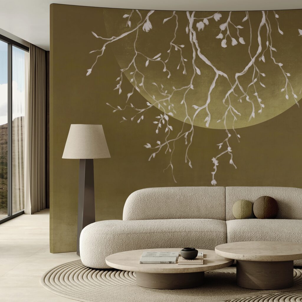 Ramos de árvores com folhas e uma lua