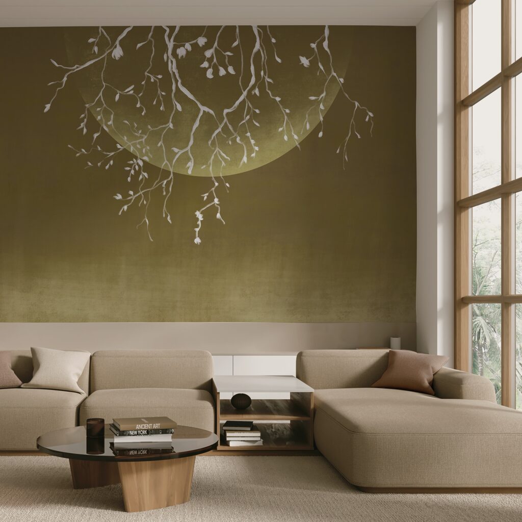 Ramos de árvores com folhas e uma lua