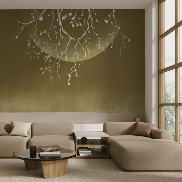 Ramos de árvores com folhas e uma lua