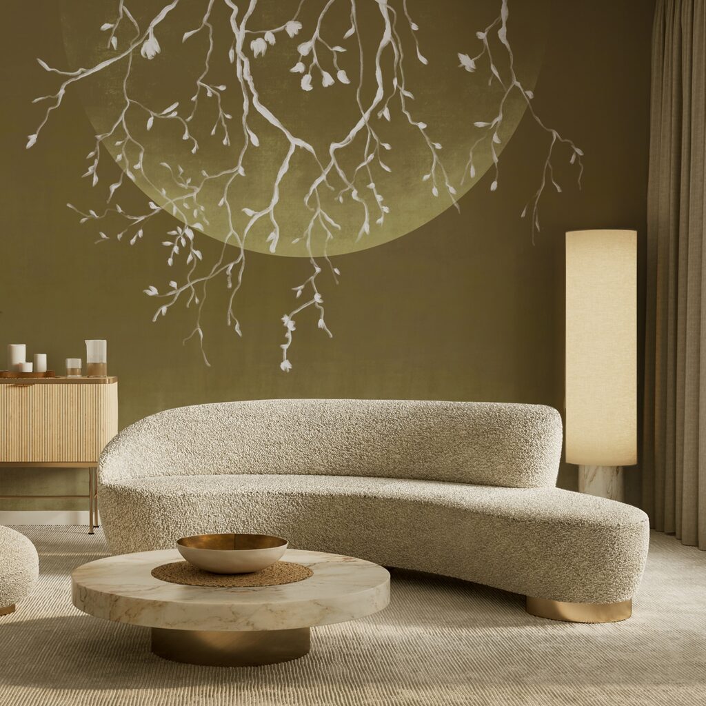 Ramos de árvores com folhas e uma lua