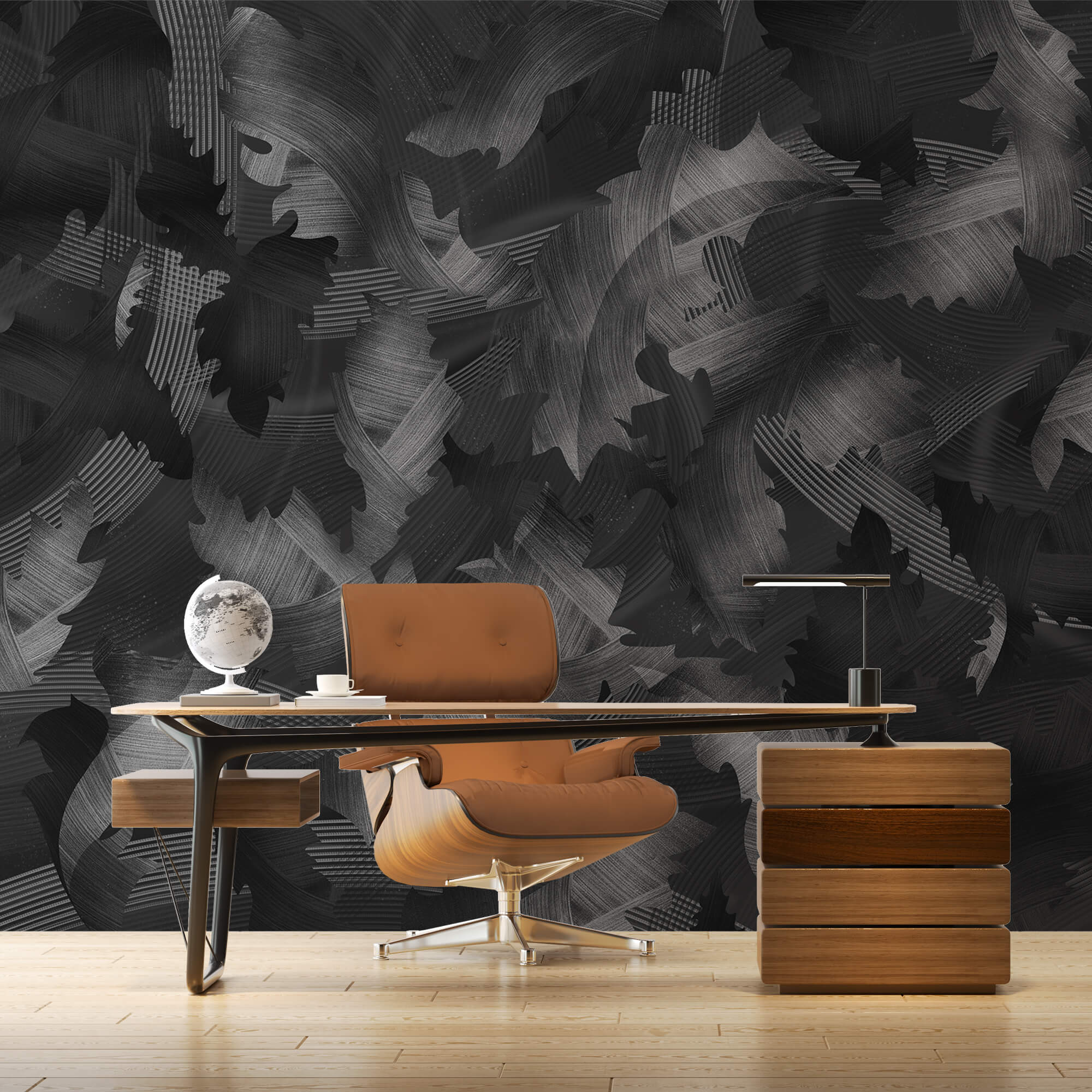 Padrão preto e branco com folhas