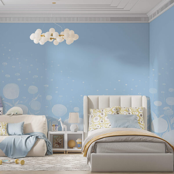 Flores brancas com folhas e fundo azul