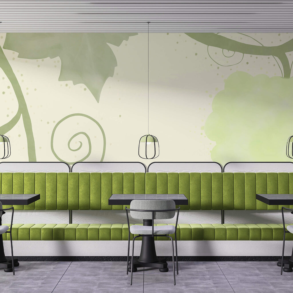 Folhas verdes e espirais sobre fundo branco