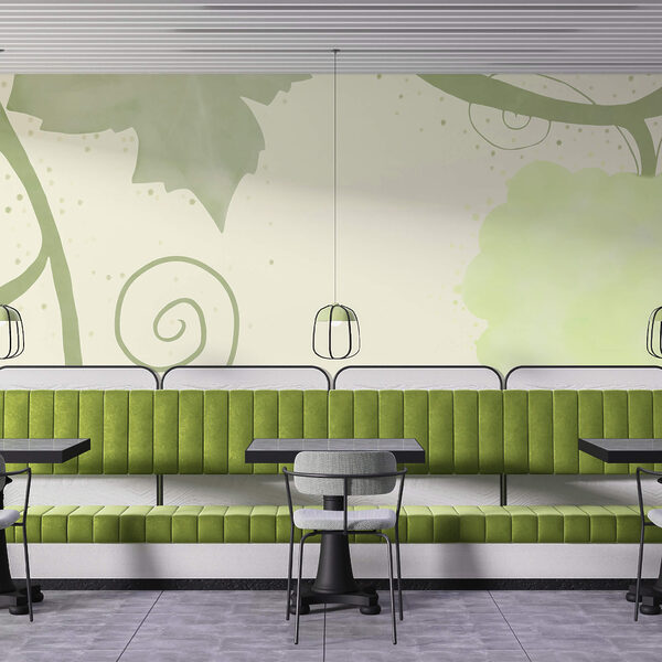 Folhas verdes e espirais sobre fundo branco