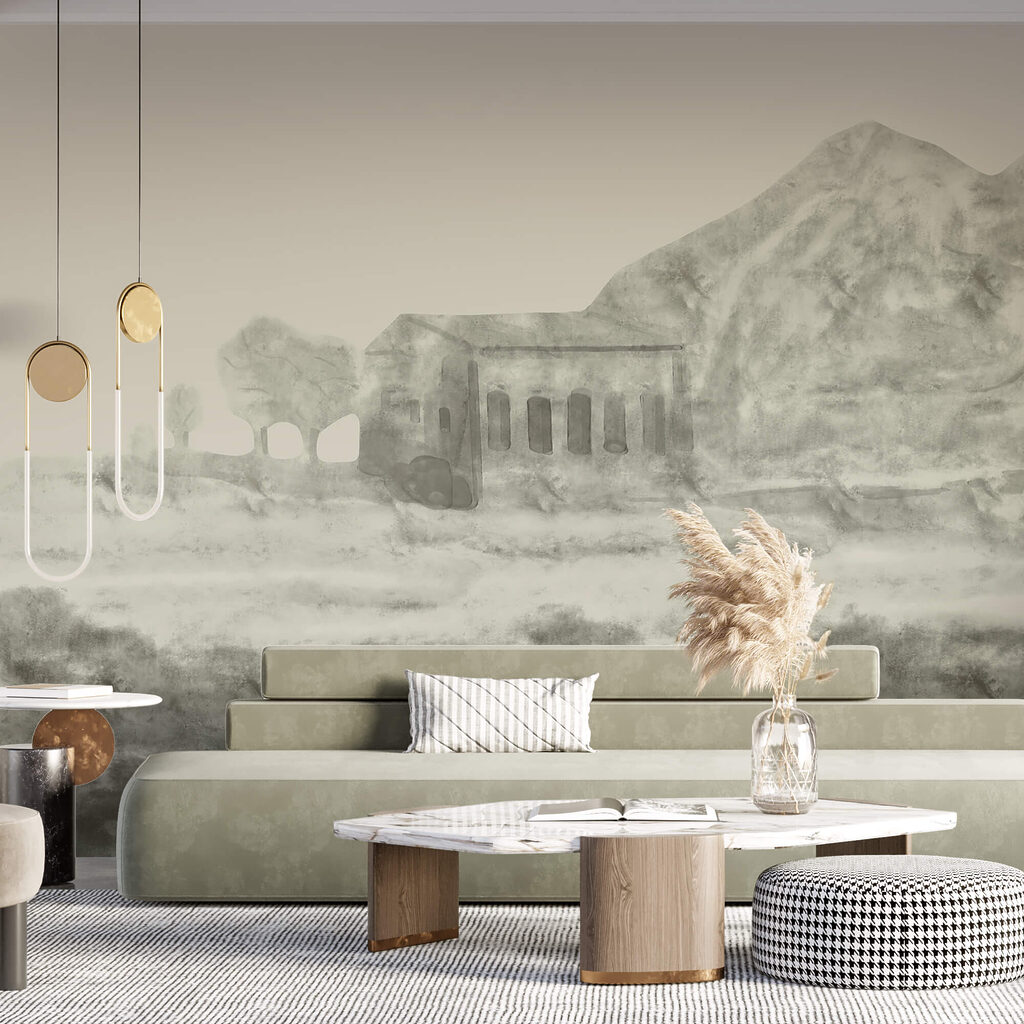 Desenho de um edifício e uma montanha