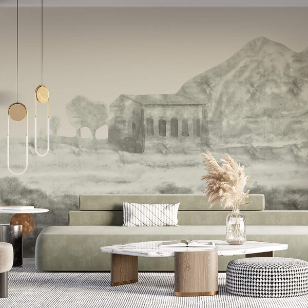 Desenho de um edifício e uma montanha