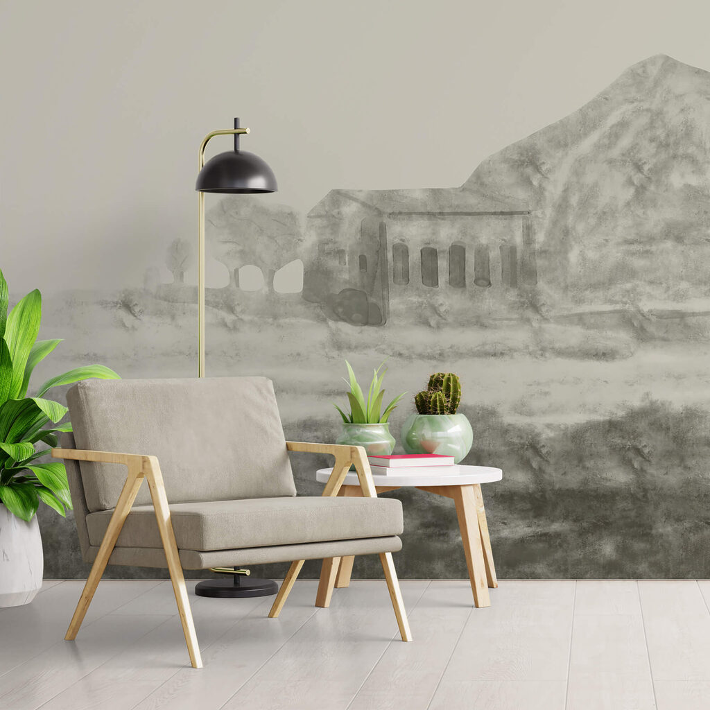 Desenho de um edifício e uma montanha