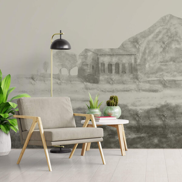 Desenho de um edifício e uma montanha