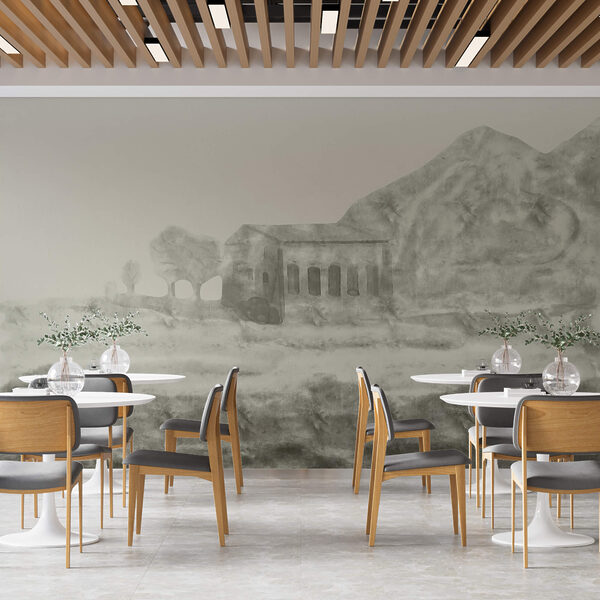 Desenho de um edifício e uma montanha