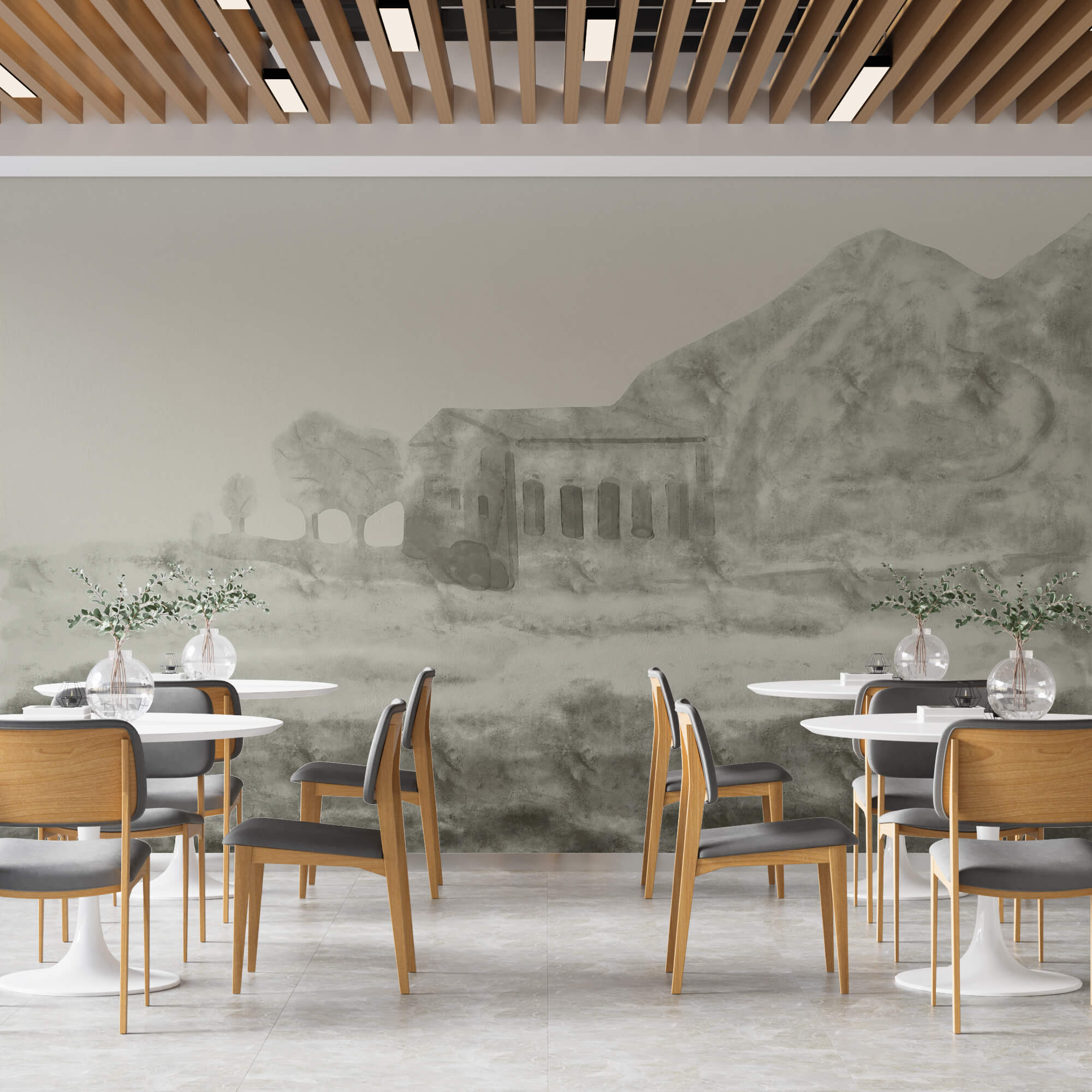 Desenho de um edifício e uma montanha