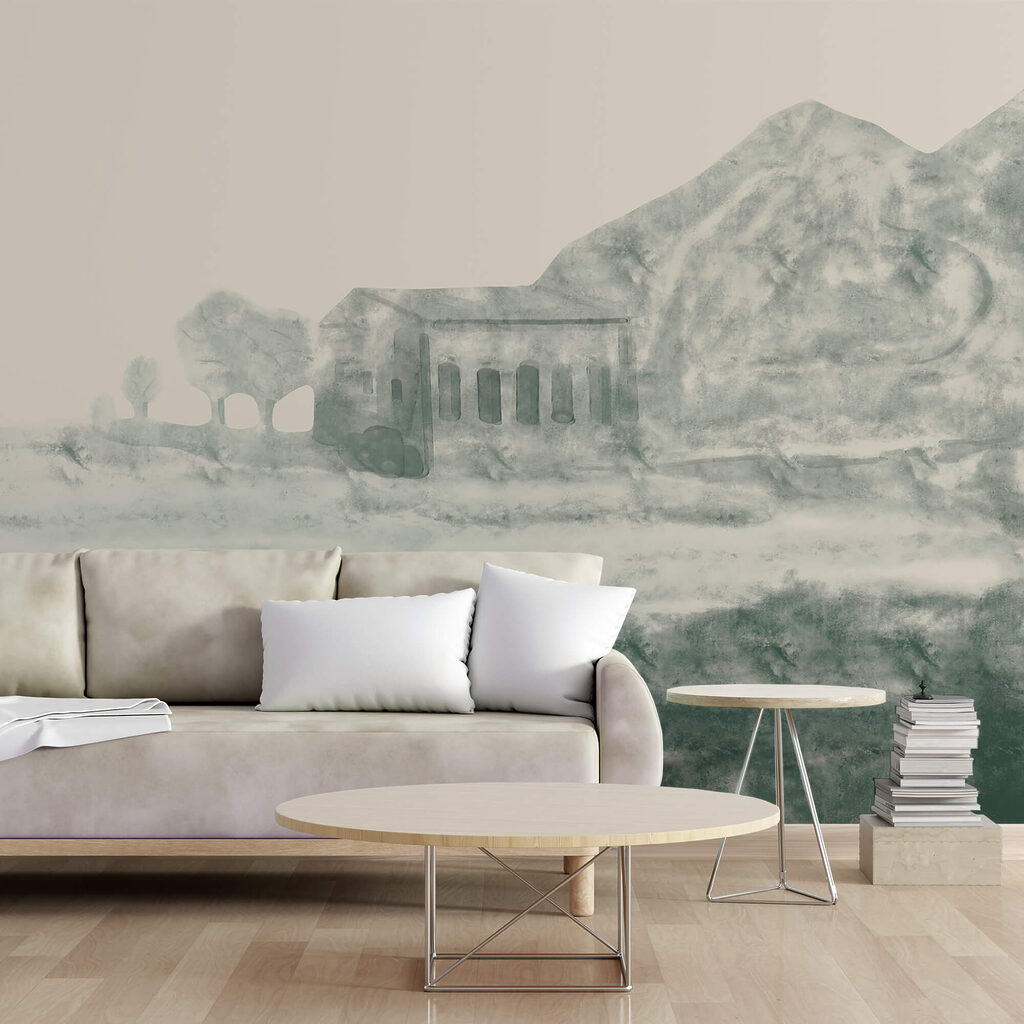 Pintura de um edifício e uma montanha