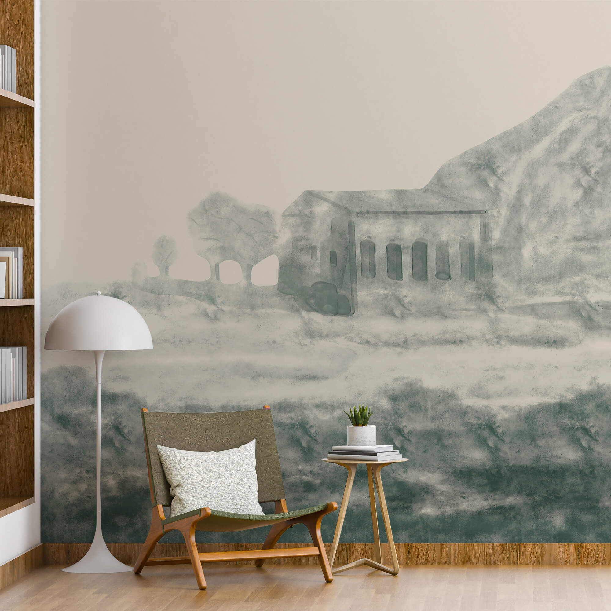 Pintura de um edifício e uma montanha